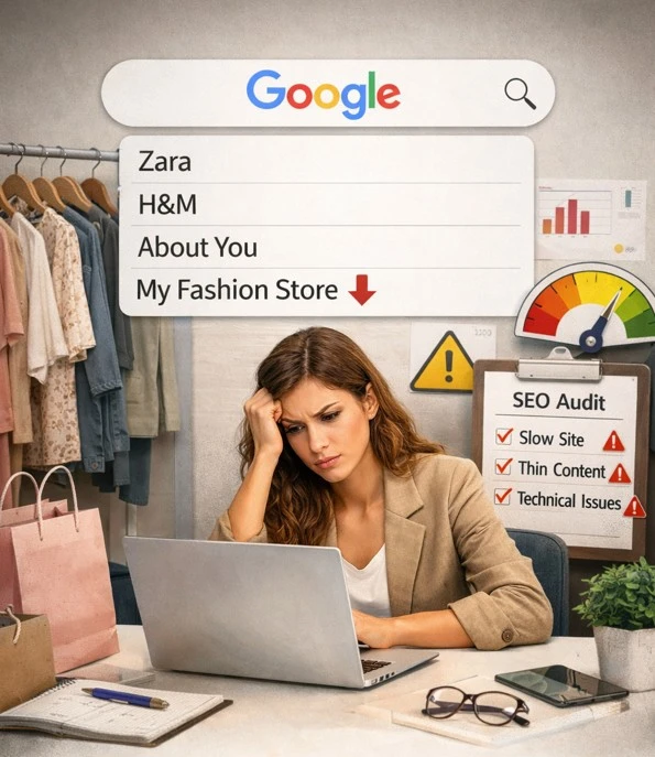 Antreprenoare analizând poziția magazinului ei de fashion în Google, sub branduri mari, în timpul unui audit SEO.